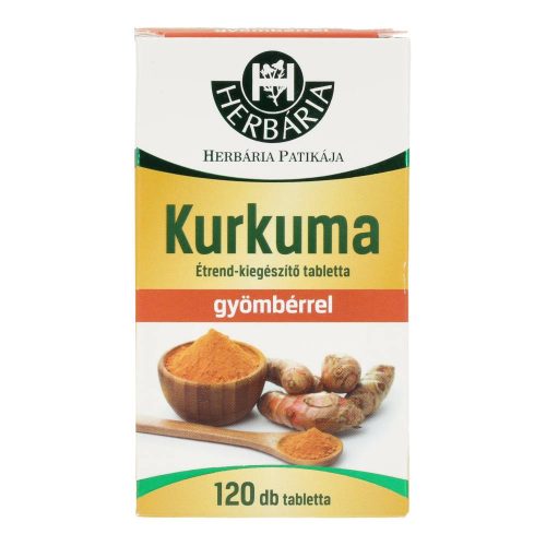 Herbária kurkuma étrend-kiegészítő, tabletta, gyömbérrel, 120 db