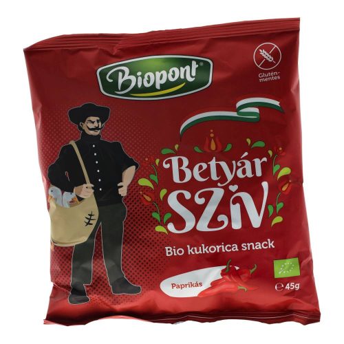 Biopont Betyár szív bio kukorica snack, paprikás, 45 g