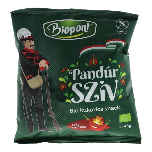 Biopont  Pandúr szív bio kukorica snack, erős paprikás, 45 g